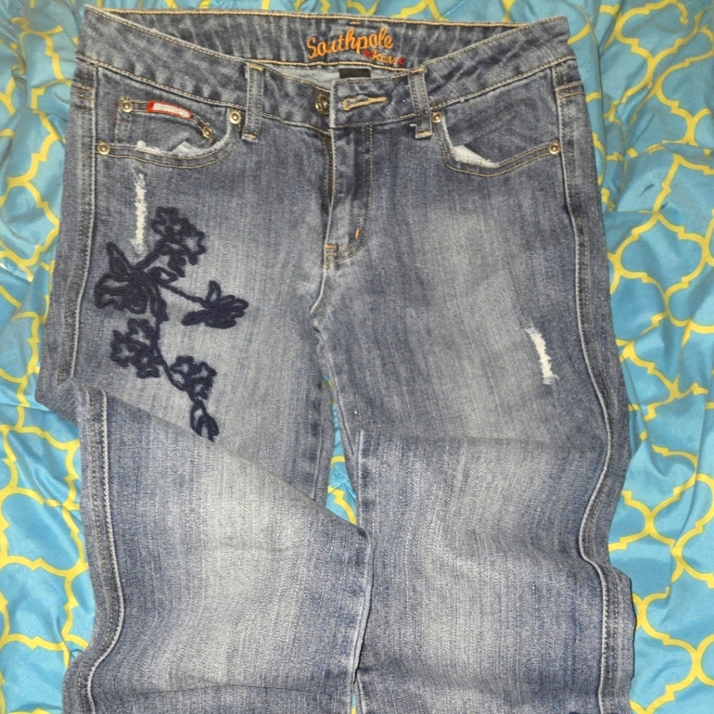 Y2k SouthPole Women's Denim Jeans with Dark Floral Design Sz7